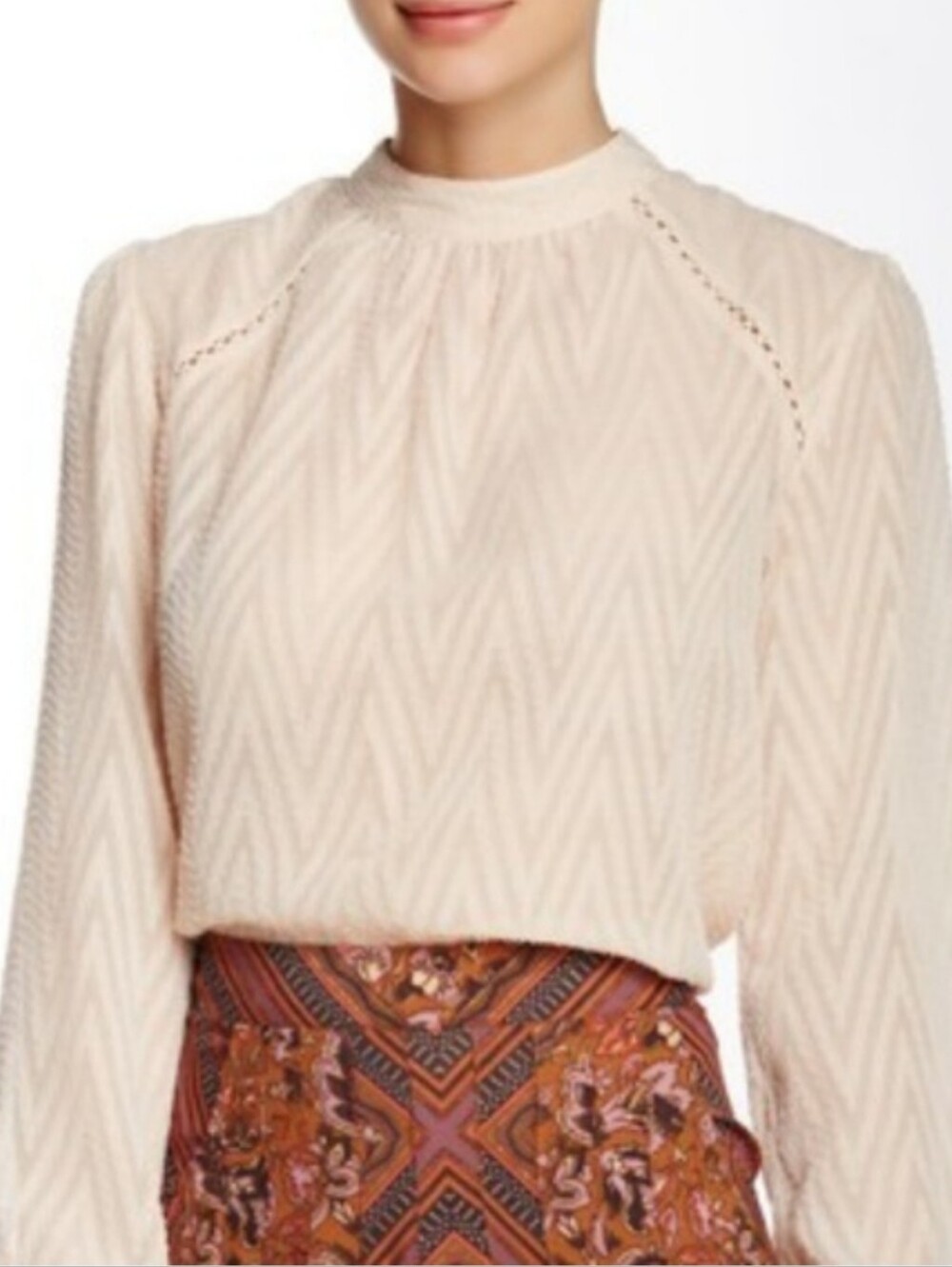 FREE PEOPLE After Midnight Apricot Chevron-Textured Long Sleeve Sheer Blouse